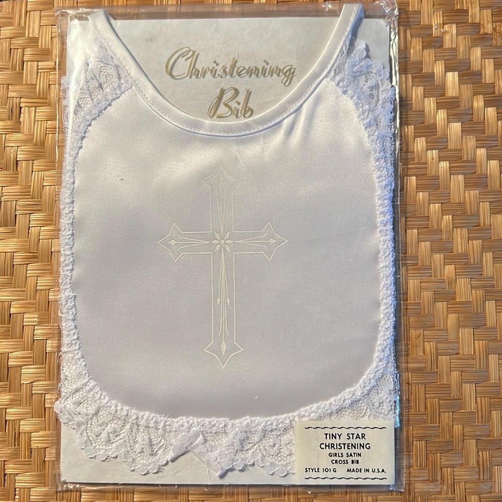*NEW* white satin with lace Christening bib